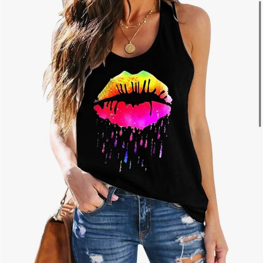 Black muscle tank, Size L, colorful Lips